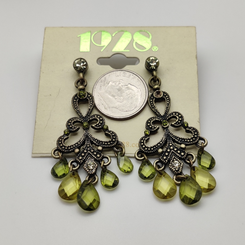 1928 Brand Chandelier Earrings With Green Dangle Crystals in Aged Bronze Finish